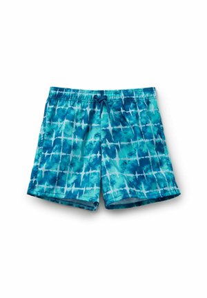 Shorts de bain bleus et teal présentant un motif tie-dye avec des lignes blanches abstraites, une taille élastique et un cordon de serrage ajustable. Les shorts sont légers.