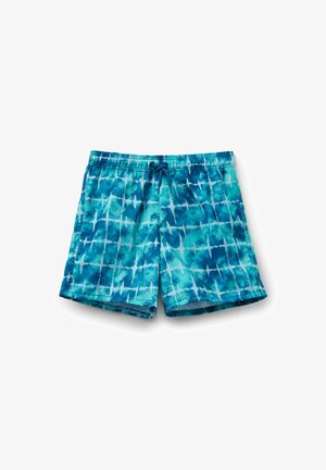 Shorts de bain bleus et teal présentant un motif tie-dye avec des lignes blanches abstraites, une taille élastique et un cordon de serrage ajustable. Les shorts sont légers.