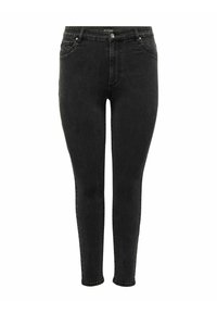 Black skinny jeans made from denim, featuring a standard five-pocket design and a zip fly with a button closure. Subtle stitching detail throughout.