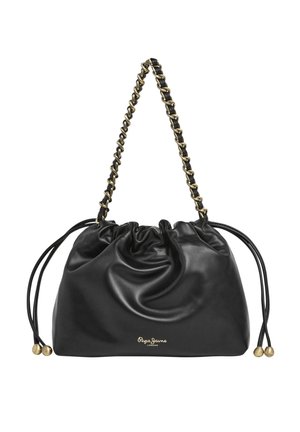 Zwarte zachte leren schoudertas met trekkoord, gouden kettingriem en klein gouden logo aan de voorkant.