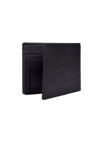 Cartera de cuero negro con un diseño de doble pliegue, que cuenta con múltiples ranuras para tarjetas y una ventana transparente para identificación, textura suave y bordes elegantes.