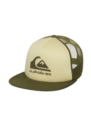 Beige-grüner Quiksilver-Trucker-Cap mit Netzrückseite und Mountain-Wave-Logo auf der Vorderseite.