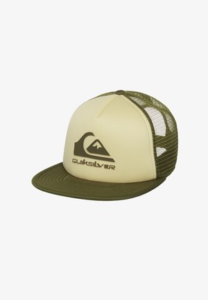 Casquette trucker Quiksilver beige et vert olive avec dos en mesh et logo vague de montagne sur le panneau avant.