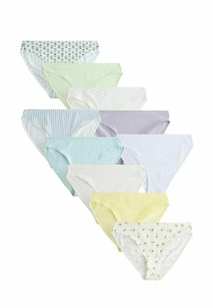 Neun Damen-Slips in Pastellfarben und Mustern, darunter Blumenmotive, Streifen, Punkte und einfarbige Designs, diagonal angeordnet.