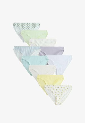 Nine women's briefs in pastel colors and patterns, including floral, stripes, polka dots, and solid designs, arranged in a diagonal line.