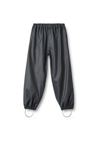 Pantaloni impermeabili neri con vita elastica e polsini, dotati di cinturini per i piedi alle gambe per una vestibilità sicura.