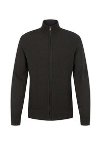 Tmavě šedý zipový svetr s vysokým límcem, ribkovanou texturou a dlouhými rukávy. Obsahuje zip po celé délce a přiléhavý střih.