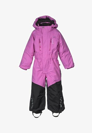 Pink og sort isoleret vinterdragt med hætte, elastisk talje, frontlynlås og to lynlåslommer. Har sorte accenter på benene.