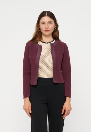 Kvinde med langt brunt hår iført en vinrød blazer, cremefarvet tekstureret top med sort kant og sorte bukser, stående mod en ensfarvet baggrund.