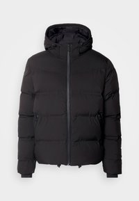 Czarna kurtka puchowa z kapturem, z zamkiem błyskawicznym z przodu, dwoma bocznymi kieszeniami na zamek i pikowaną strukturą dla lepszej izolacji.