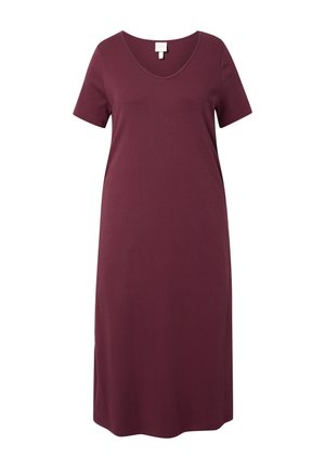Bawełniana sukienka o krótkich rękawach, sięgająca do kolan, w jednolitym, głębokim kolorze bordowym, z okrągłym dekoltem i luźnym krojem.