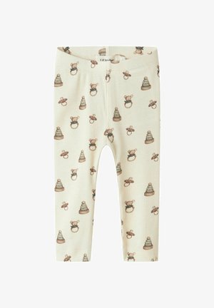 Kremowe legginsy z prążkowaną teksturą, ozdobione radosnym wzorem przedstawiającym niedźwiedzie i układanki w stonowanych odcieniach brązu. Elastyczny pasek w talii.