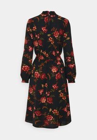 Robe noire à fleurs avec manches longues, col montant, taille cintrée et motif de roses multicolores. Tissu doux avec une silhouette fluide.