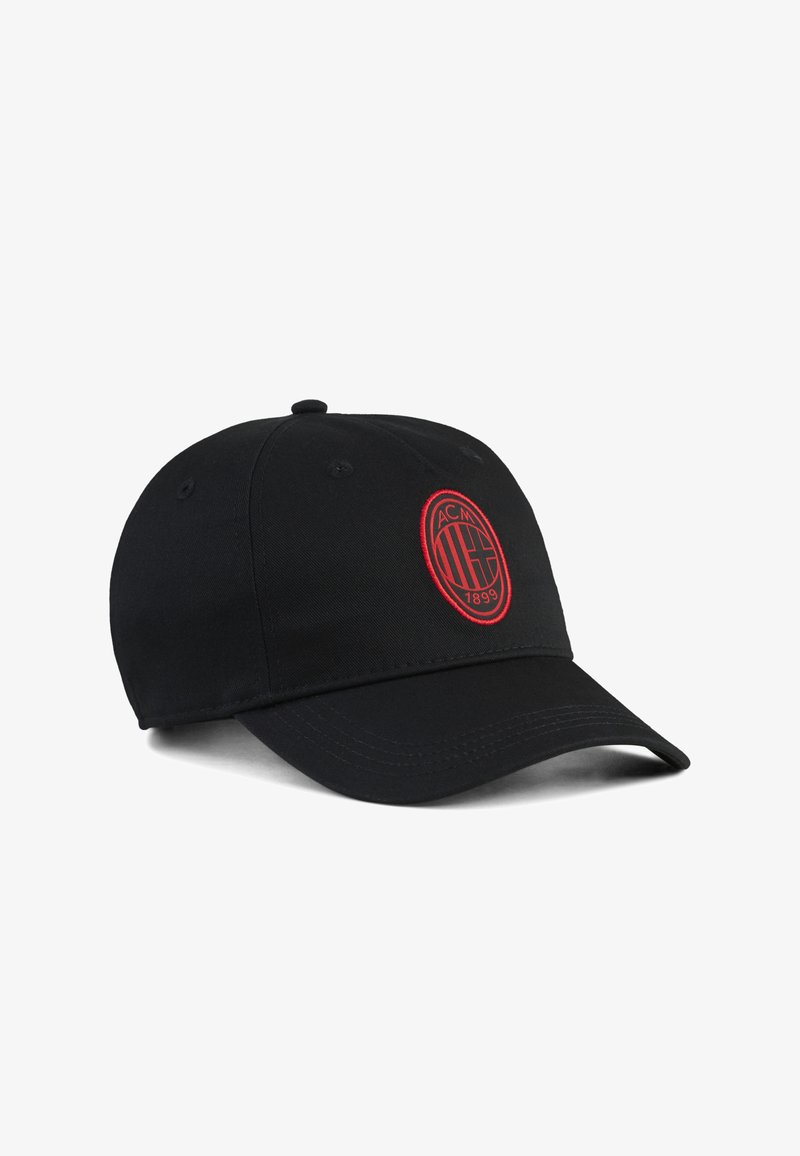 Black baseball cap made of fabric, featuring a red embroidered logo with circular design and text, adjustable strap at the back.