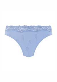 Lyseblå truse med blondered trim. Har mykt stoff, delikat bladbroderi og en glatt overflate. Pyntet med en liten sløyfe.