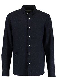 Camicia navy con bottoni caratterizzata da un sottile motivo a macchie, maniche lunghe, colletto, taschino frontale e bottoni bianchi. Tessuto morbido.