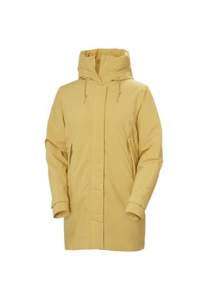 Żółta ocieplana kurtka z kapturem, z przednim zamkiem, sznurkami przy kapture i kieszeniami bocznymi. Gładka faktura, casualowy design.