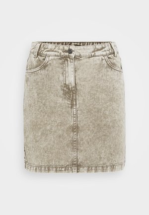 Beige Jeansrock mit verblasster Textur. Verfügt über einen Knopf- und Reißverschluss, Gürtelschlaufen und aufgesetzte Fronttaschen.