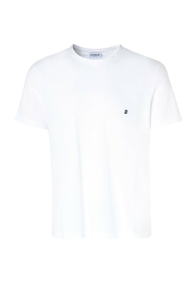 T-shirt bianco in cotone con collo rotondo e maniche corte. Presenta un piccolo logo ricamato nero sulla parte sinistra del petto.