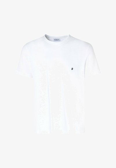 T-shirt bianco in cotone con collo rotondo e maniche corte. Presenta un piccolo logo ricamato nero sulla parte sinistra del petto.