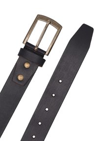 Black leather belt with brass buckle and two rivets, showing pointed end and multiple adjustment holes against white background.