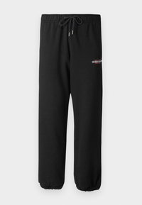 Svarta sweatpants i bomullsblandning, med dragsko i midjan, elastiska resårer i bensluten och en liten broderad logotyp på vänster ben.