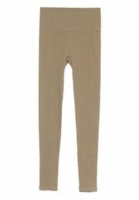 Leggings beige con canalé y una cinturilla ancha, que presentan una textura suave y un diseño ajustado, que se estrecha en los tobillos.