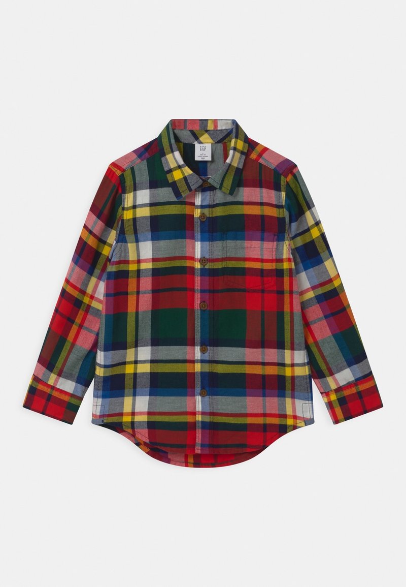 Chemise à manches longues pour enfant avec motif à carreaux rouge, jaune, vert, bleu et blanc, et col pointu.