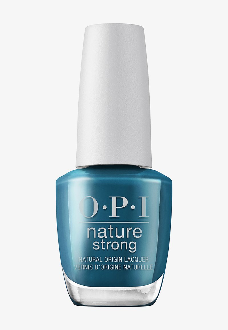 OPI Nature Strong Nagellackflasche in petrolblau mit weißem Verschluss und der Aufschrift "Lack natürlichen Ursprungs".
