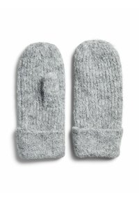 Grå strikkede vanter med en hyggelig tekstur, der har en ribbet kant og en glat overflade, designet til varme og komfort i koldt vejr.