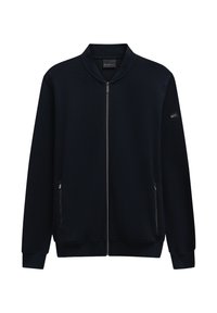 Navy zip-up jacket with a textured pattern, ribbed collar, and cuffs. Features two side pockets and a small logo on the upper arm.