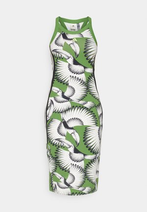 Green sleeveless dress featuring a black and white toucan pattern, body-hugging shape, and a racerback design. Smooth cotton material.