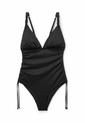 Maillot de bain une pièce noir avec bretelles ajustables, poitrine froncée, côtés plissés et détails de nœuds sur les hanches.