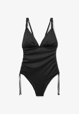Maillot de bain une pièce noir avec bretelles ajustables, poitrine froncée, côtés plissés et détails de nœuds sur les hanches.