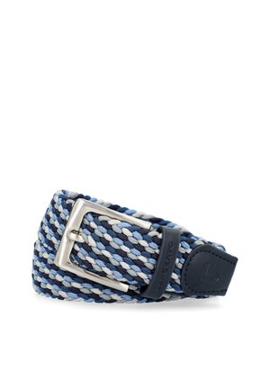 Woven belt w niebiesko-szarym odcieniu z metalową zapięciem w kolorze srebrnym i skórzanym akcentem. Posiada teksturowany, elastyczny design zapewniający komfort.