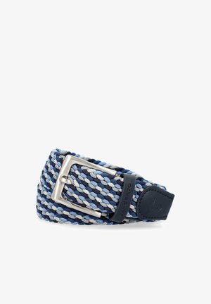 Woven belt w niebiesko-szarym odcieniu z metalową zapięciem w kolorze srebrnym i skórzanym akcentem. Posiada teksturowany, elastyczny design zapewniający komfort.