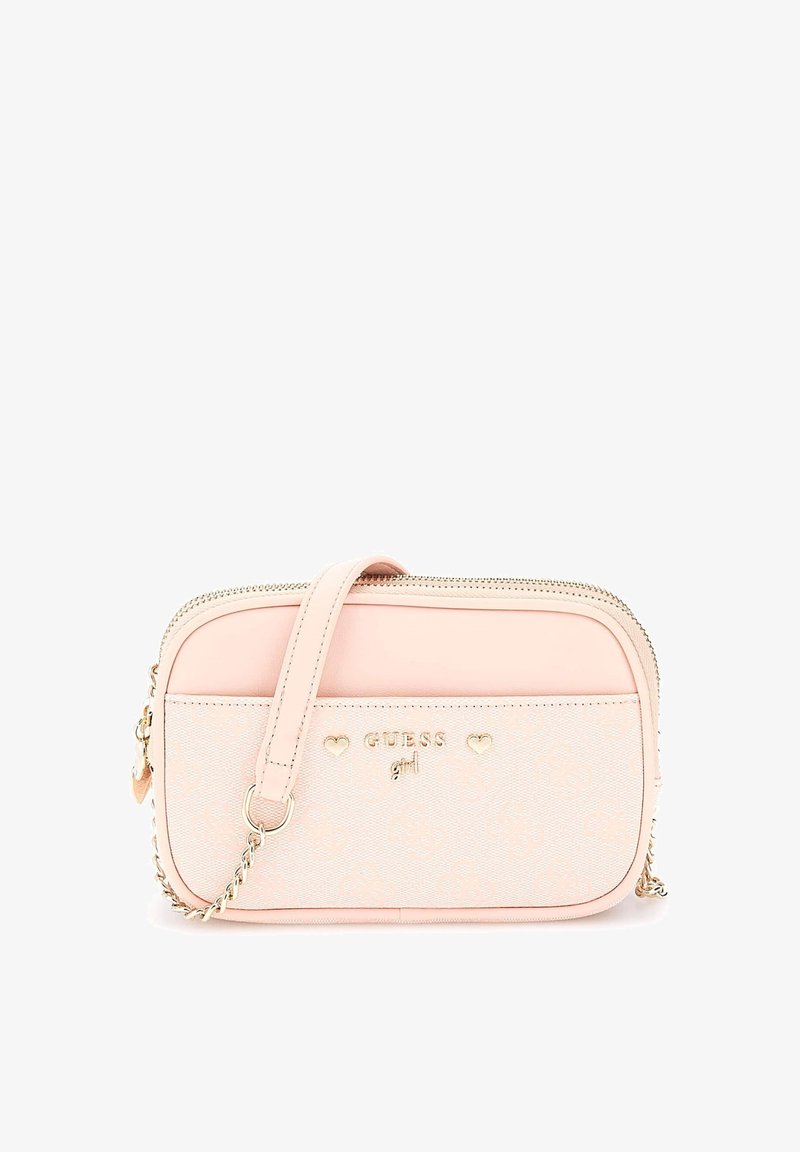 Borsa a tracolla sintetica rosa con design texturizzato, hardware dorato, chiusura con zip e tracolla rimovibile; presenta il logo del brand impresso.