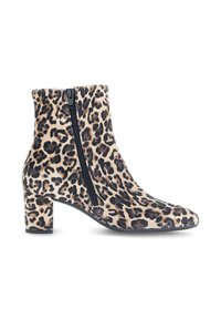Leopardprint enkellaarsjes van zacht materiaal, met een zijklepper, een blokhak van 7,5 cm en een puntige neus.