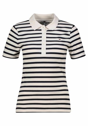 Polo blanco de manga corta con rayas horizontales negras y una tapeta de botones blanca, con un pequeño logo en el pecho.