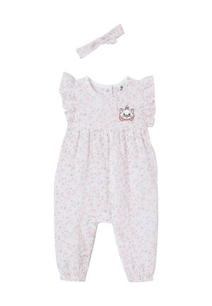 Weißer Baby-Strampler mit Blumenmuster, Rüschensäumen an den Ärmeln, einer Katzenkopf-Grafik mit Schleife auf der Brust und passendem geknotetem Stirnband.