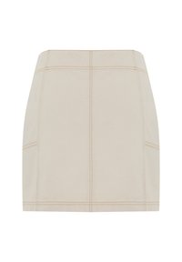 Beige Denim-Minirock mit auffälliger Naht, zwei Seitentaschen, figurbetonter Silhouette und einem sauberen Saum.