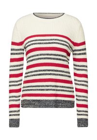 Randig tröja med färgerna röd, marinblå och krämfärgad, stickad textur, ribbad halsringning och manschetter samt en avslappnad passform.