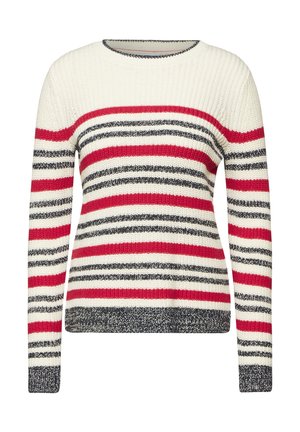 Maglione a righe con colori rosso, blu navy e crema, texture in maglia, collo e polsini a coste, e un design con vestibilità rilassata.