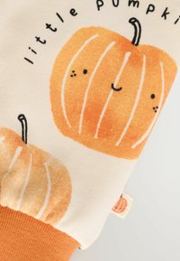 Chemise en coton à manches longues présentant des illustrations de citrouilles orange sur fond crème, avec un poignet orange et un texte disant "petite citrouille."