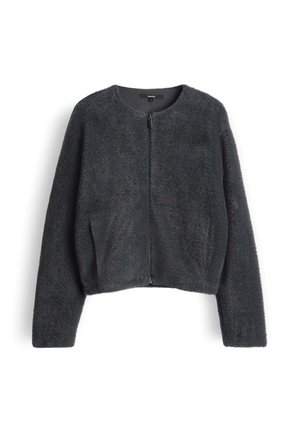 Faux fur kort jasje in donkergrijs, met een ronde hals en een voorrits. Zachte textuur met zijzakken en een relaxte pasvorm.