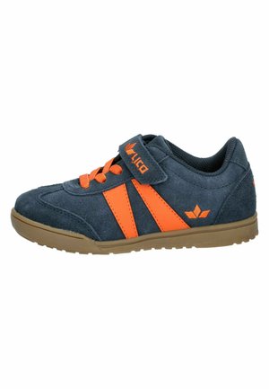 Navy blue suede sneaker with orange stripes, orange laces, a Velcro strap, and a brown rubber sole.