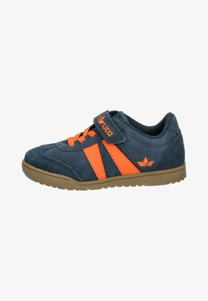 Navy blue suede sneaker with orange stripes, orange laces, a Velcro strap, and a brown rubber sole.