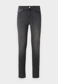 Vaqueros de denim negro con ajuste slim, que presentan un diseño clásico de cinco bolsillos y cierre de botón metálico. Textura suave con un ligero desgaste.