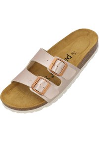 Ljusrosa slidesandaler med två justerbara remmar och metalliska roséguldspännen. Den vadderade innersulan och den strukturerade sulan ger komfort.