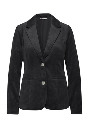 Sort fløjl blazer med klapkrave, to forlommer og sølvknapper. Struktureret finish, skræddersyet pasform, enkelt knaplukning.